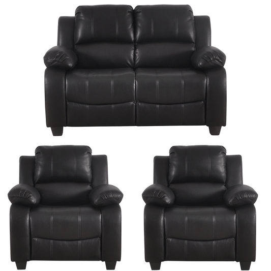 Black leather sofa set with two armchairs on a white background