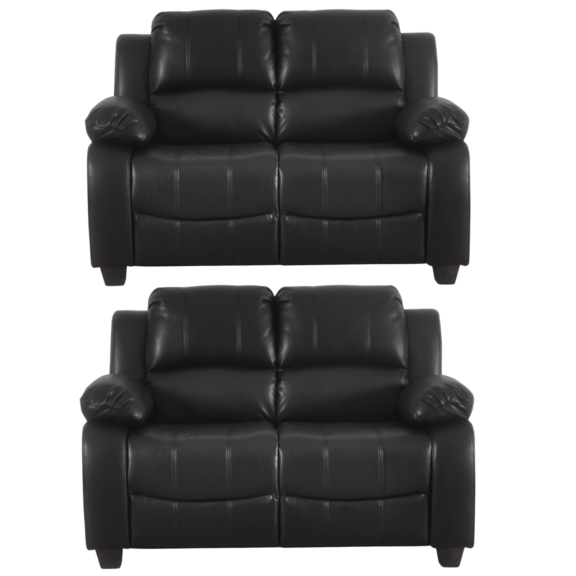 Two black leather recliners on a white background