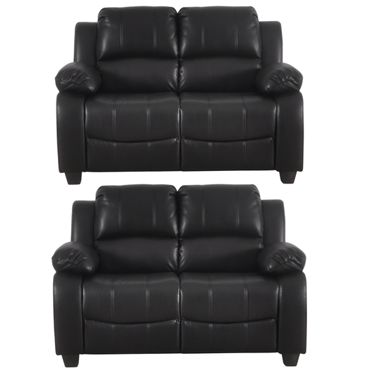 Two black leather recliners on a white background