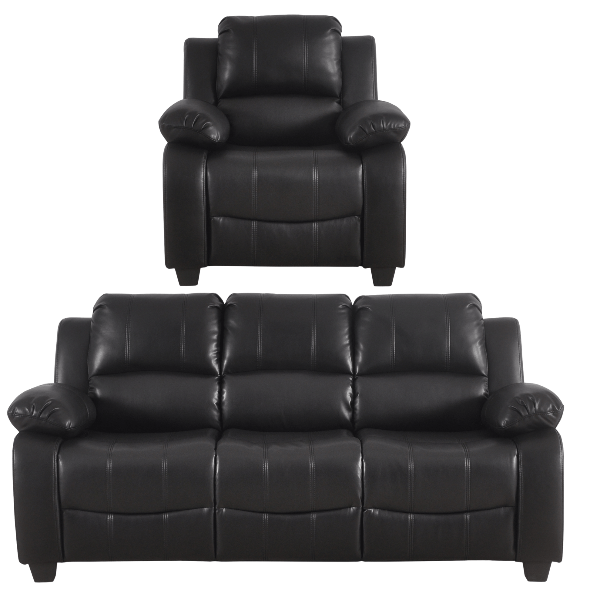 Black leather recliner chair and sofa set on a white background
