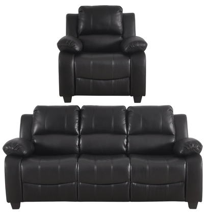 Black leather recliner chair and sofa set on a white background