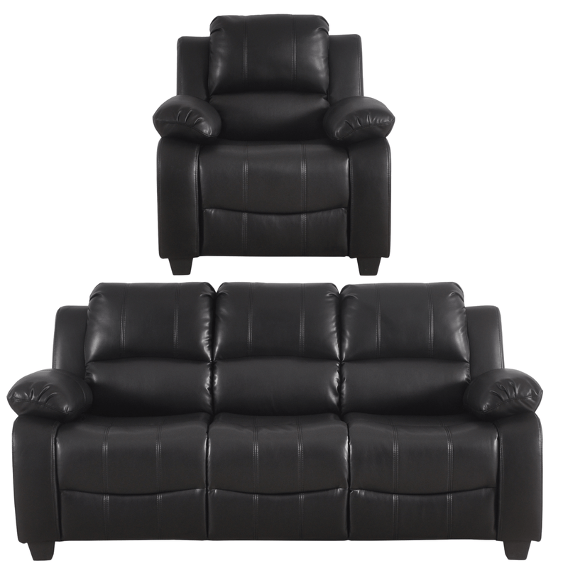 Black leather recliner chair and sofa set on a white background