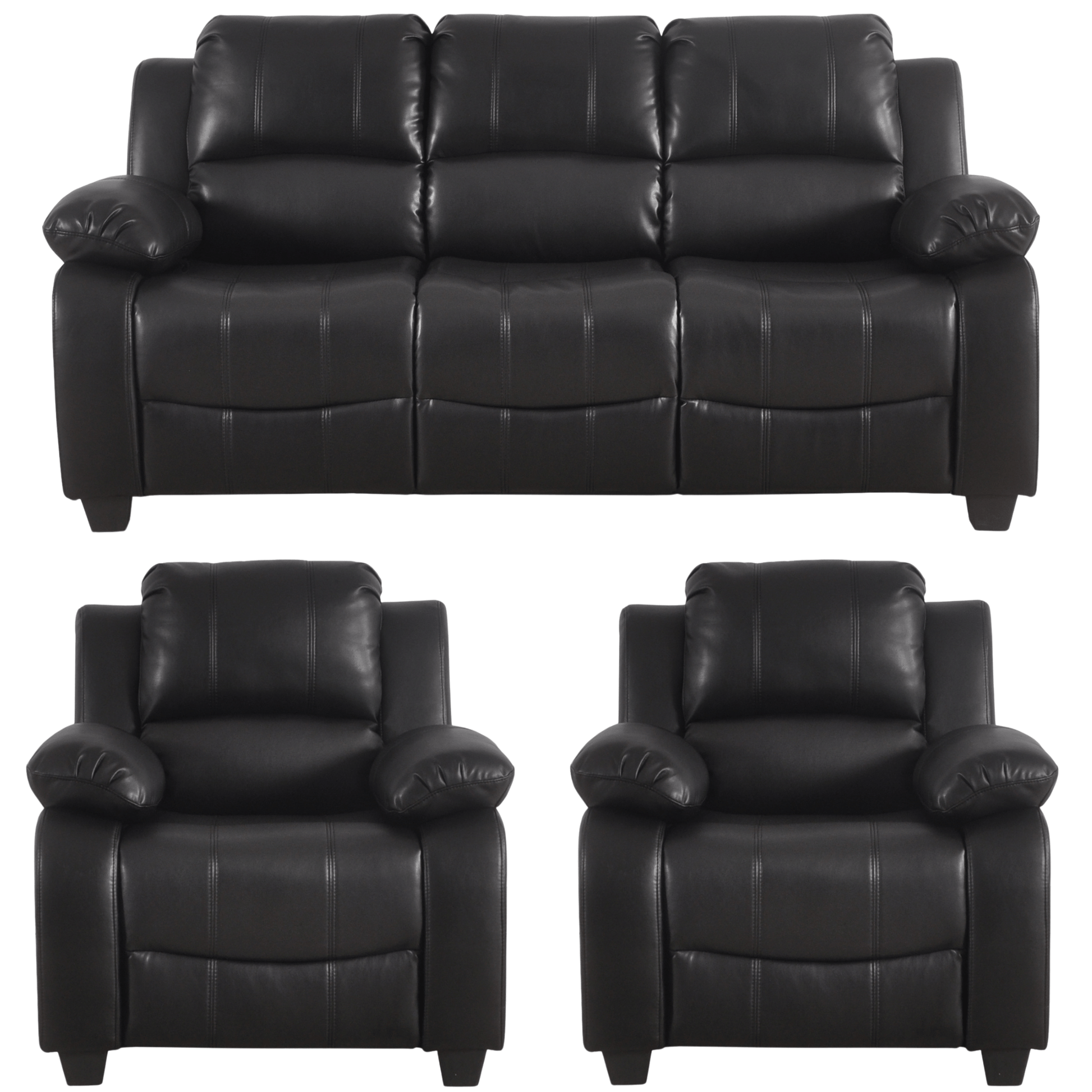 Black leather sofa set with two recliner chairs on a white background