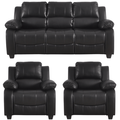 Black leather sofa set with two recliner chairs on a white background