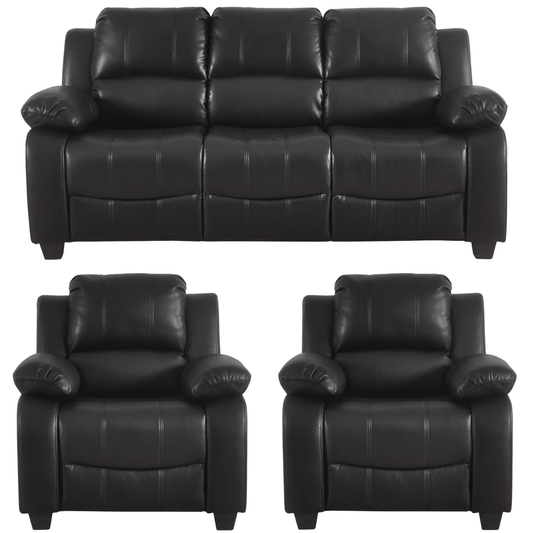 Black leather sofa set with two recliner chairs on a white background