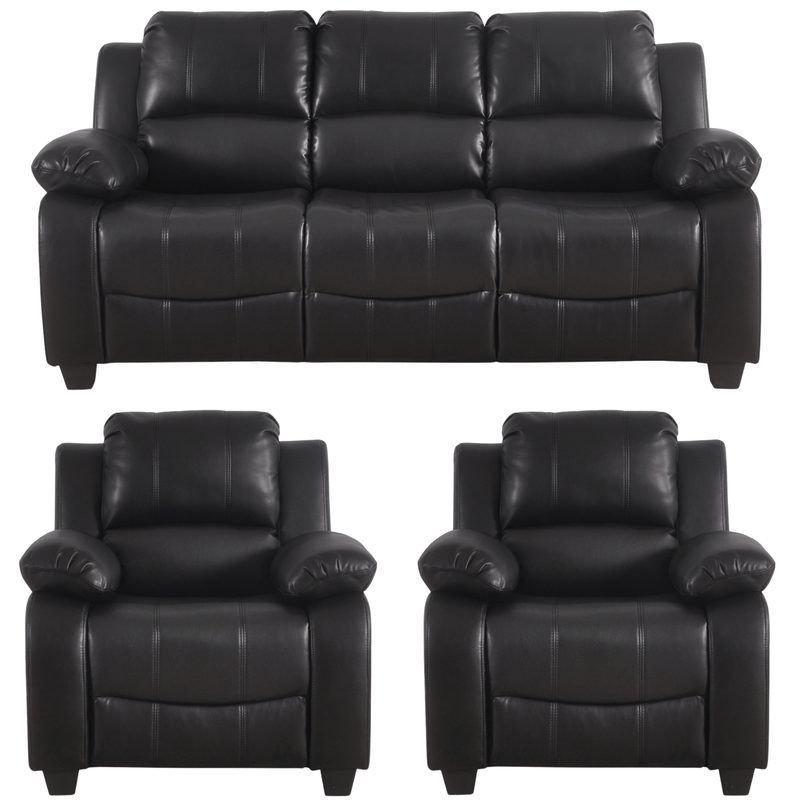 Black leather sofa set with two recliner chairs on a white background