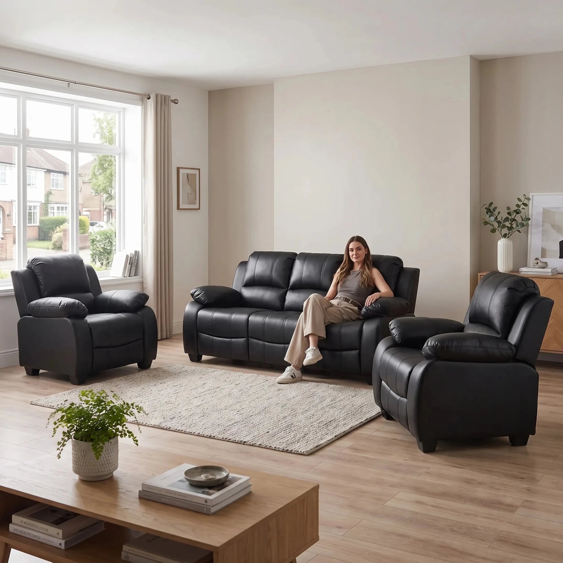Valerie Black Leather Modern 3+1+1 Seater Sofa Set - Furniture Instore