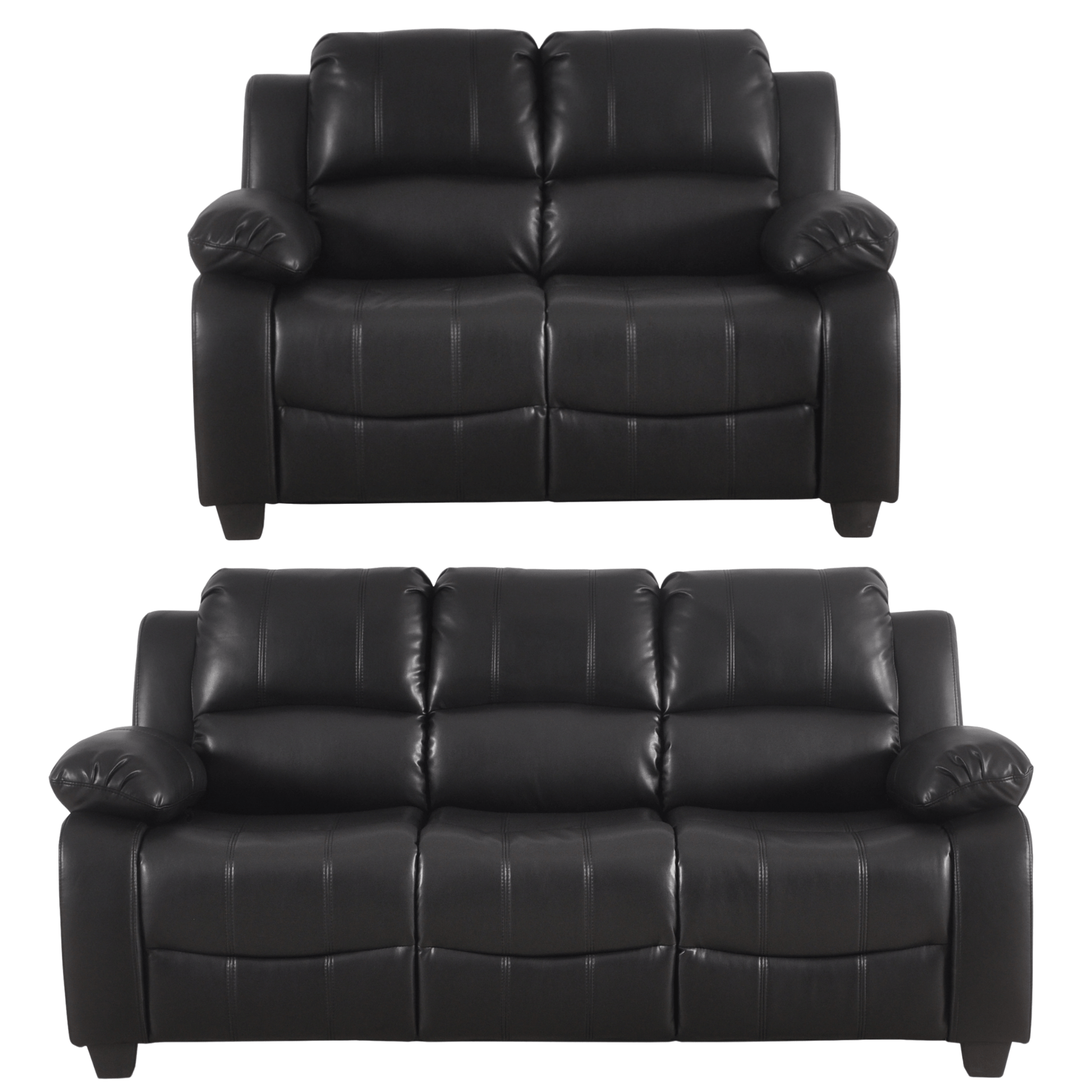 Two black leather sofas on a white background