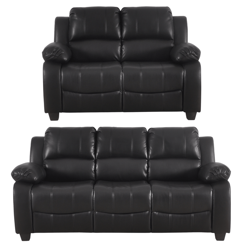 Two black leather sofas on a white background