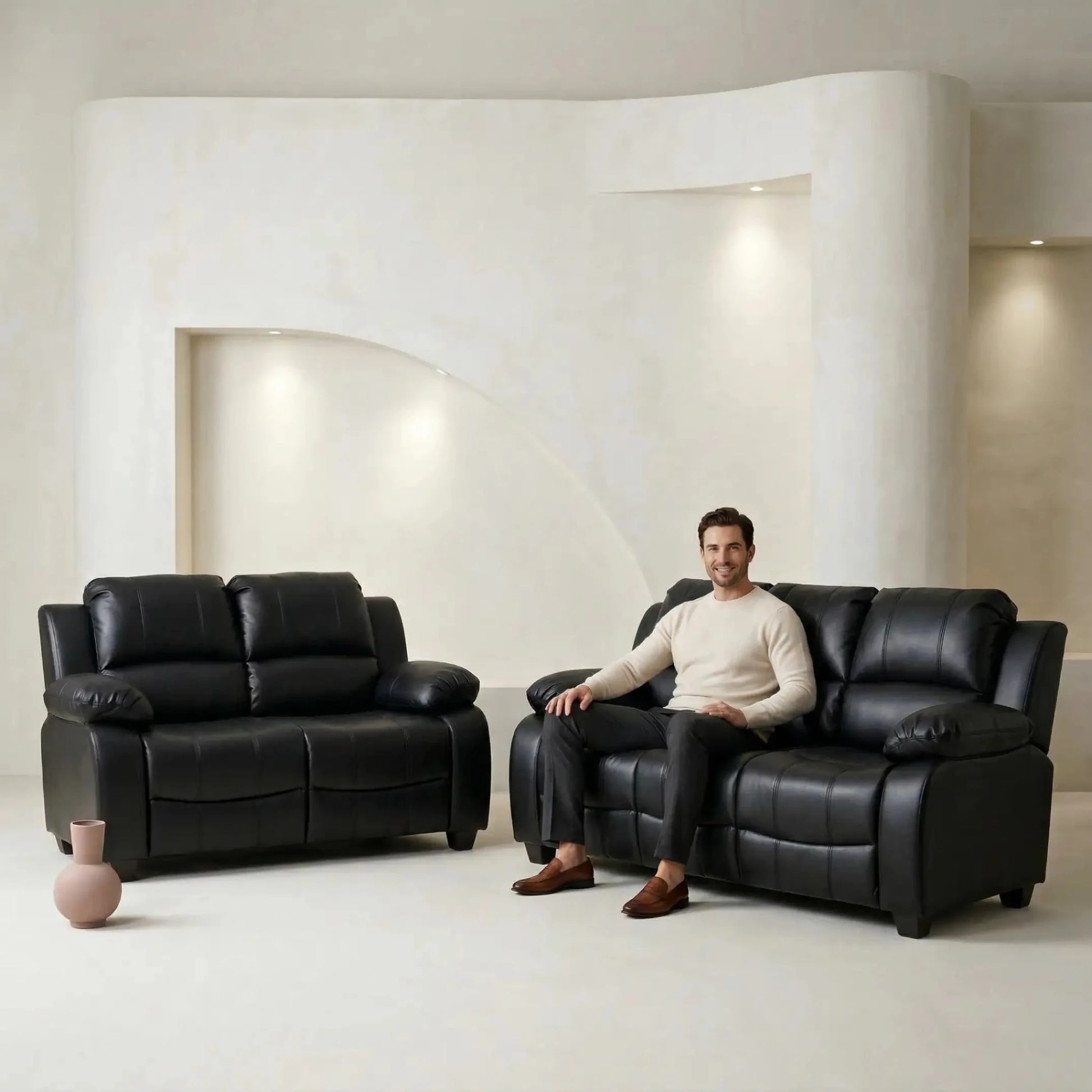Valerie Black Leather Modern 3+2 Seater Sofa Set - Furniture Instore