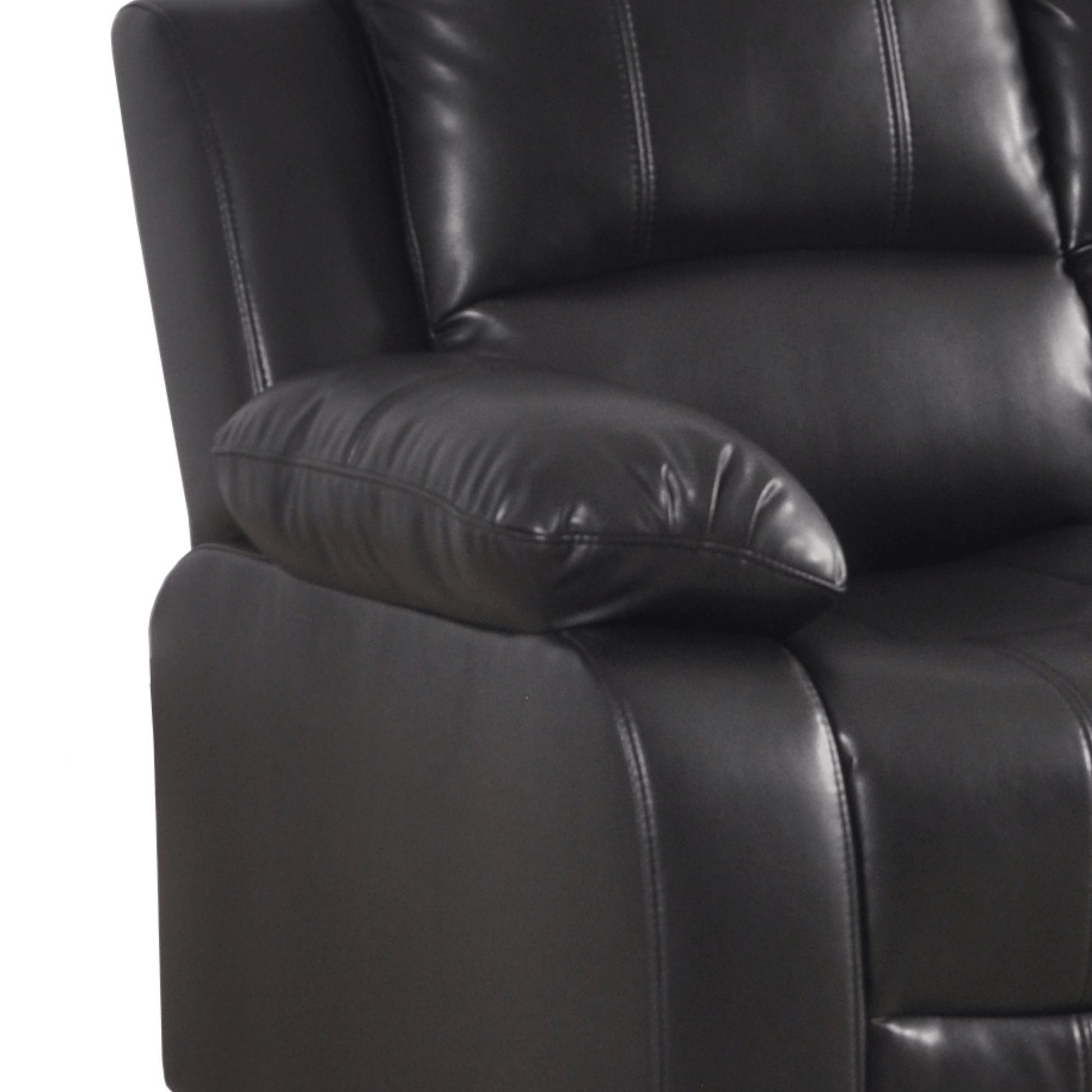 Close-up of a black leather recliner chair with a pillow on a white background