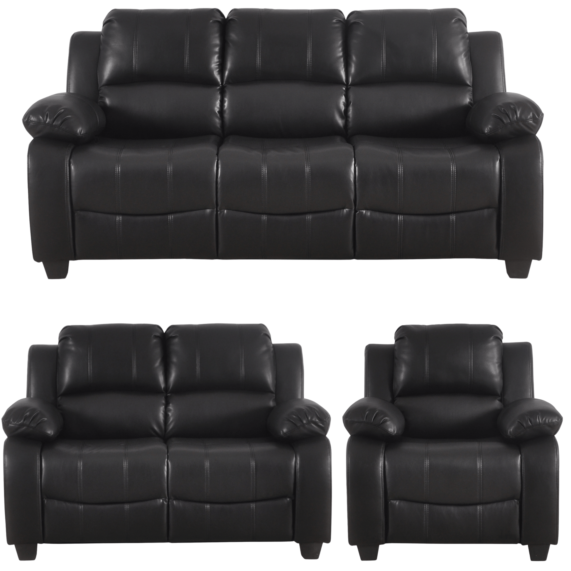 Black leather sofa set with recliner on a white background