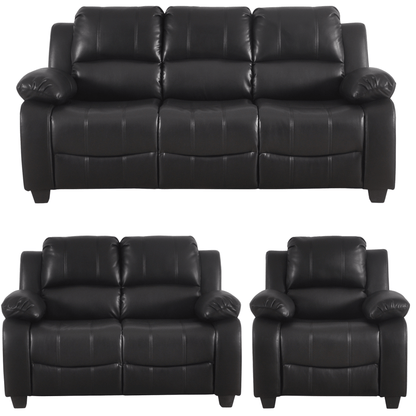 Black leather sofa set with recliner on a white background