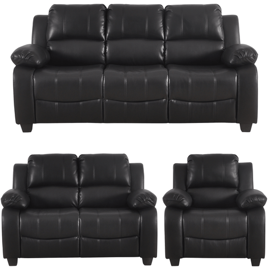 Black leather sofa set with recliner on a white background