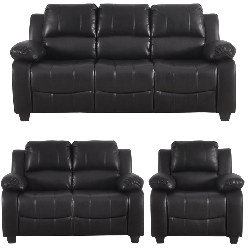 Black leather sofa set with recliner on a white background