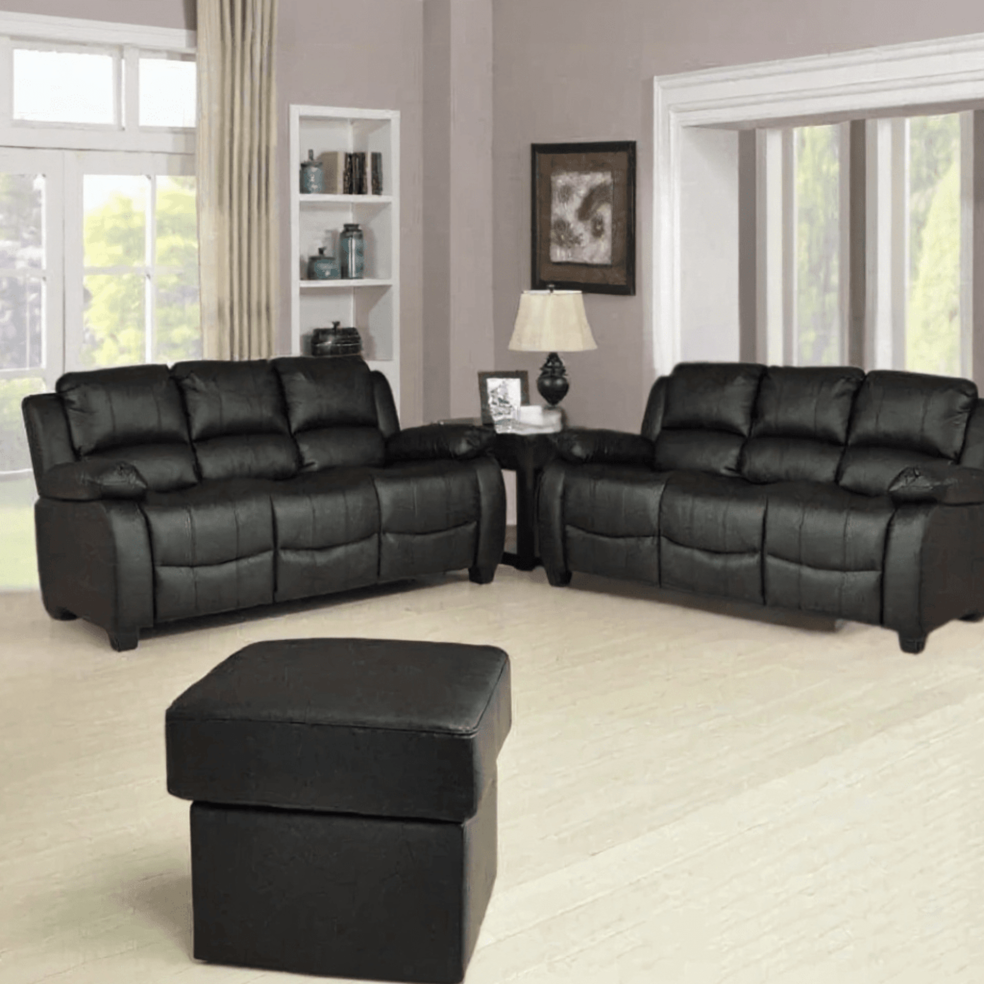 Valerie Black Leather Modern 3+3 Seater Sofa Set - Furniture Instore