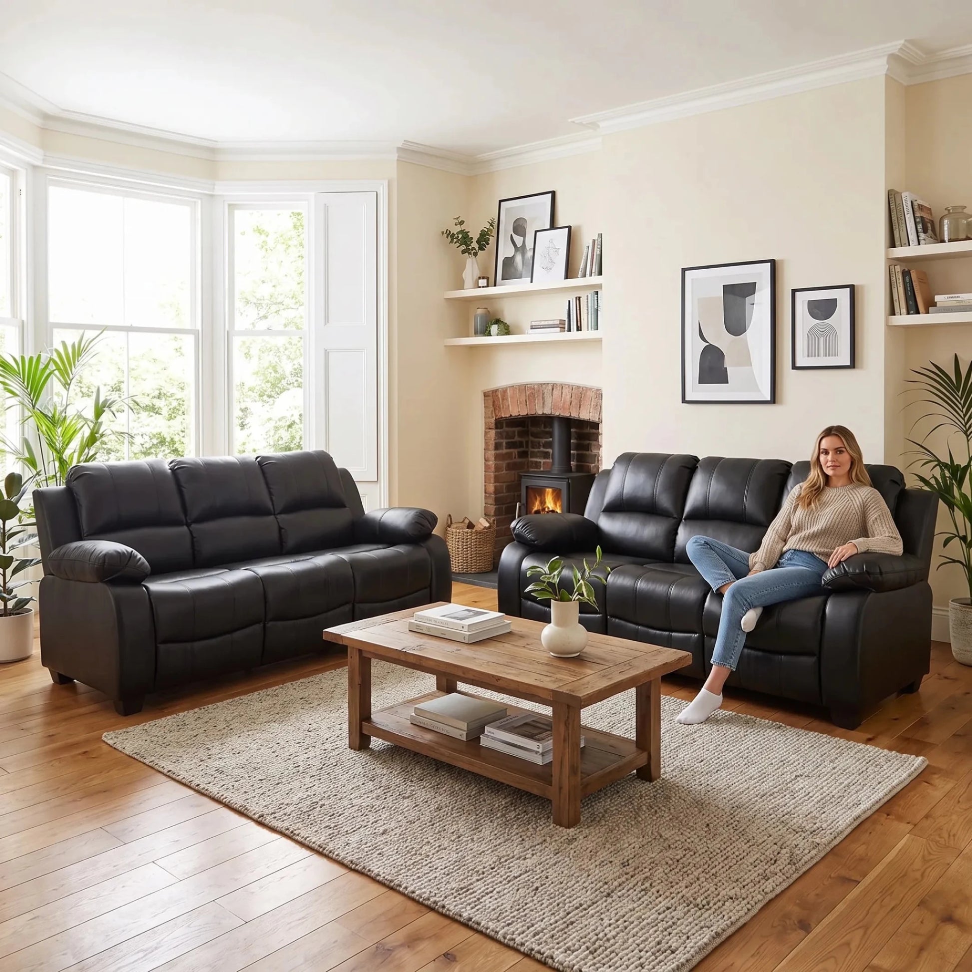 Valerie Black Leather Modern 3+3 Seater Sofa Set - Furniture Instore