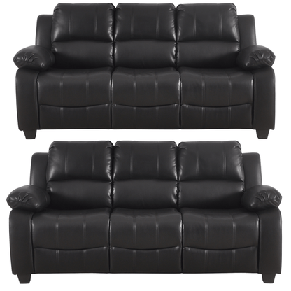 Two black leather recliner sofas on a white background