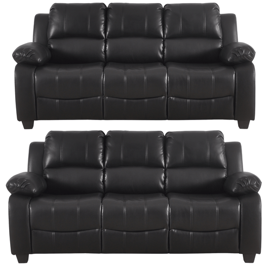 Two black leather recliner sofas on a white background
