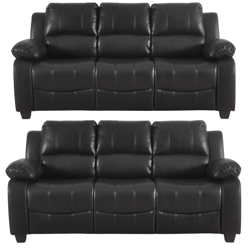 Two black leather recliner sofas on a white background