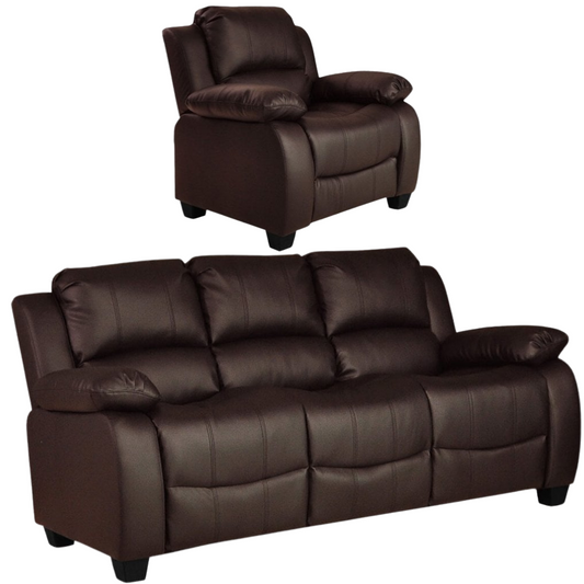 Modern 3+1 brown leather sofa set on white background – stylish 3 seater and armchair leather couches for contemporary living room