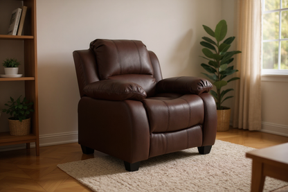 Stylish armchair in brown leather in modern living room setting – elegant contemporary leather armchair for small spaces