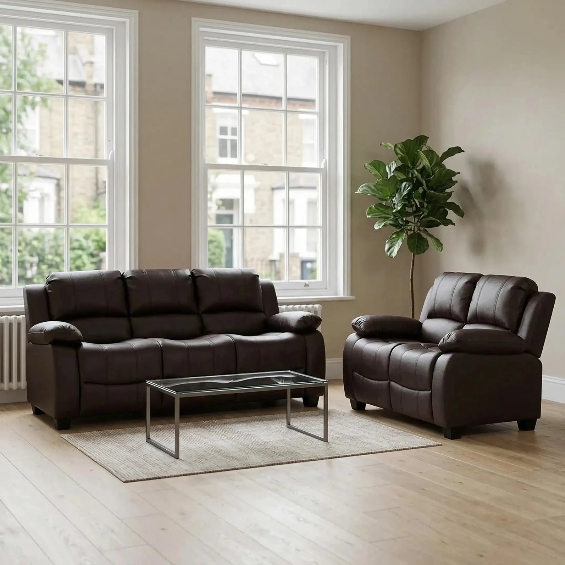 Valerie Brown Leather Modern 3+2 Seater Sofa Set - Furniture Instore