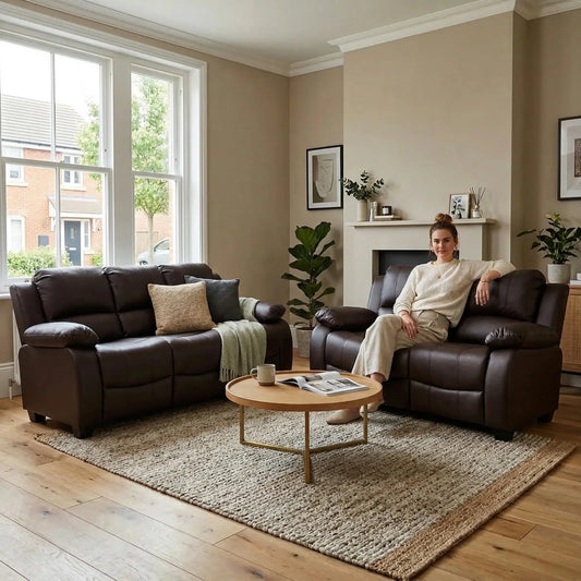 Valerie Brown Leather Modern 3+3 Seater Sofa Set - Furniture Instore