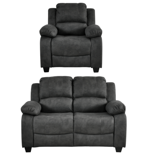valerie charcoal fabric sofa 2 seater and chair on white background