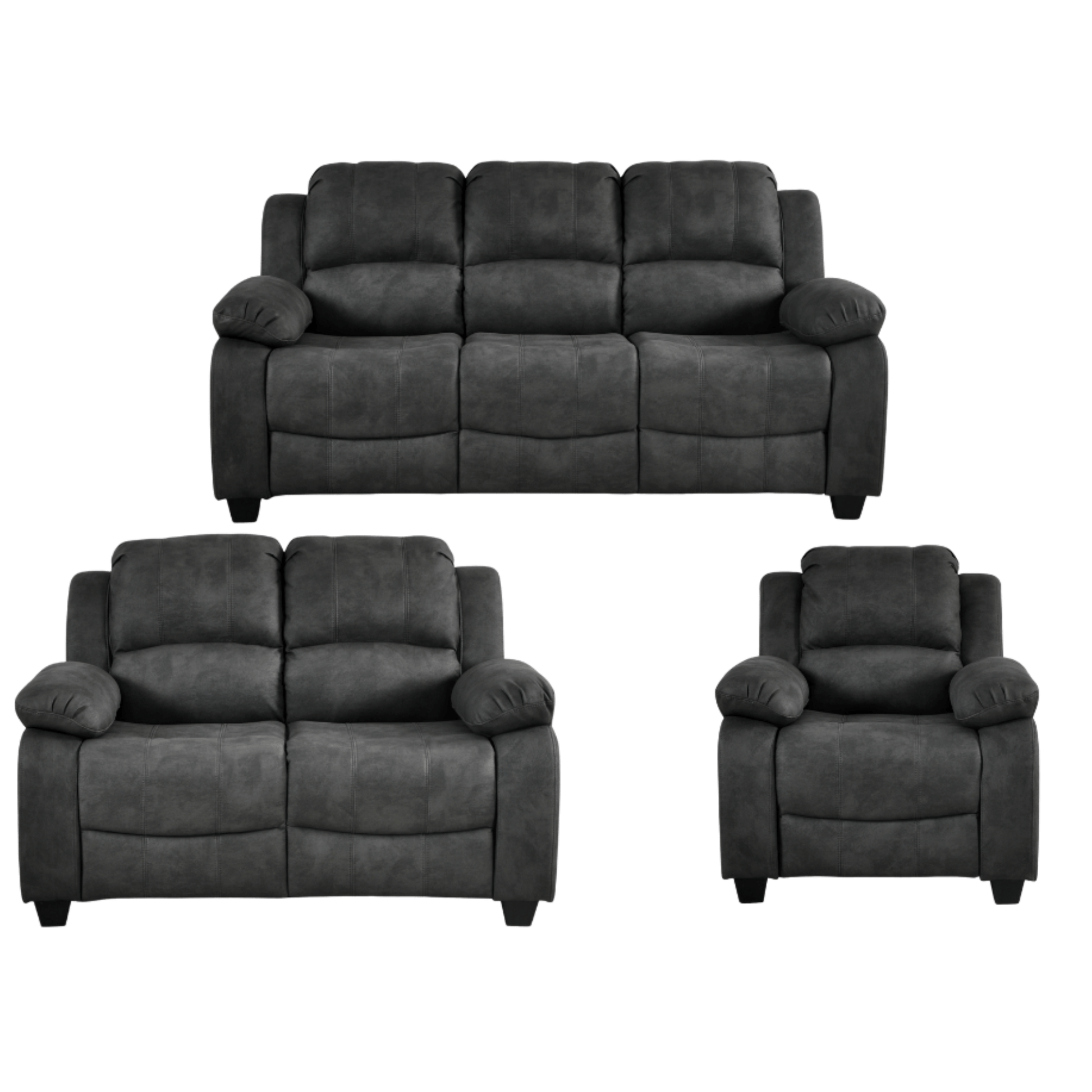 Valerie Charcoal fabric 3 Seater sofa  with two chairs on white back ground