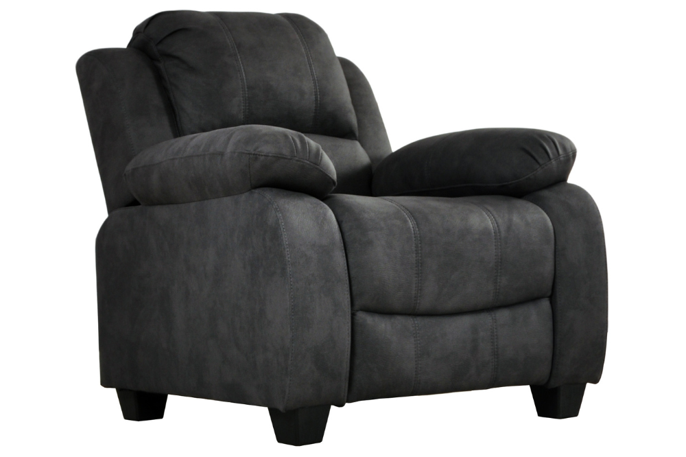 Stylish dark grey fabric armchair – single seater sofa on white background, modern upholstered accent chair for living room or office