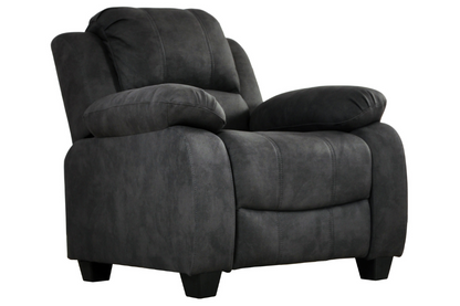 Stylish dark grey fabric armchair – single seater sofa on white background, modern upholstered accent chair for living room or office