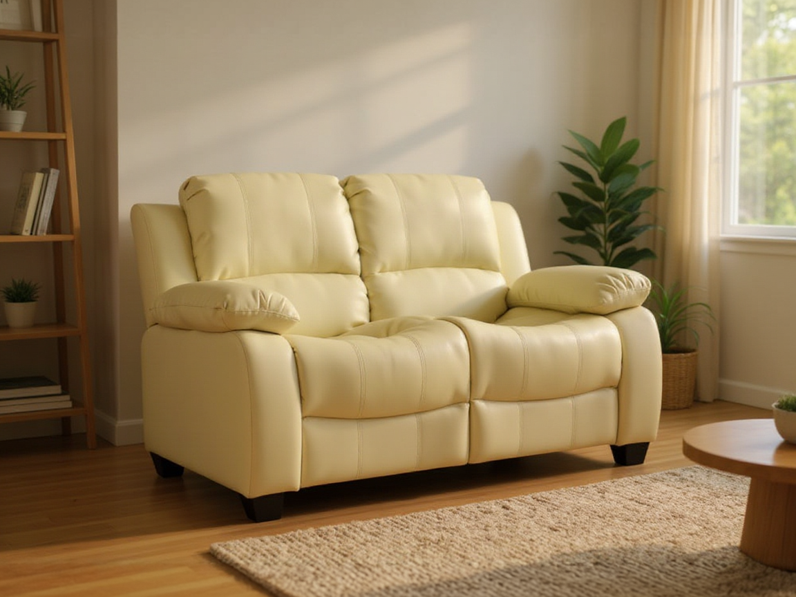 Modern 2 seater cream leather sofa in contemporary living room interior
