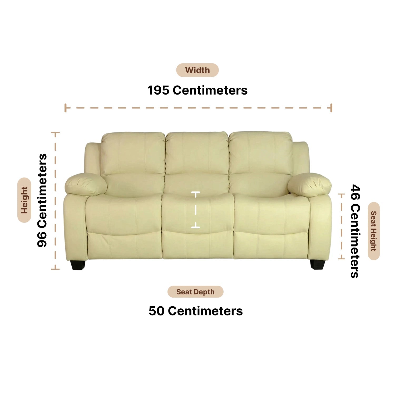 Valerie Cream Leather 3 Seater dimensions  Sofa