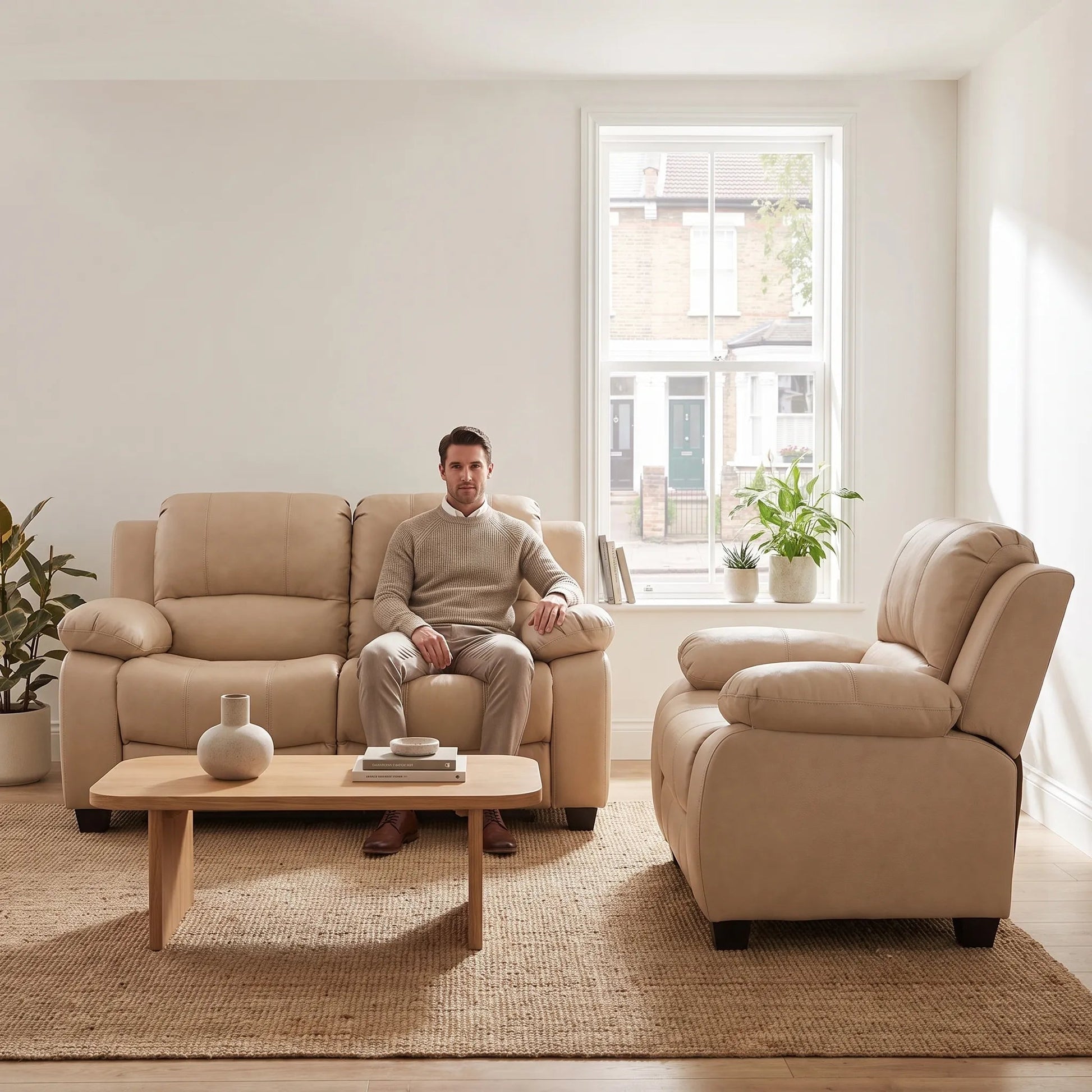 Valerie Cream Leather Modern 2+1 Seater Sofa Set - Furniture Instore