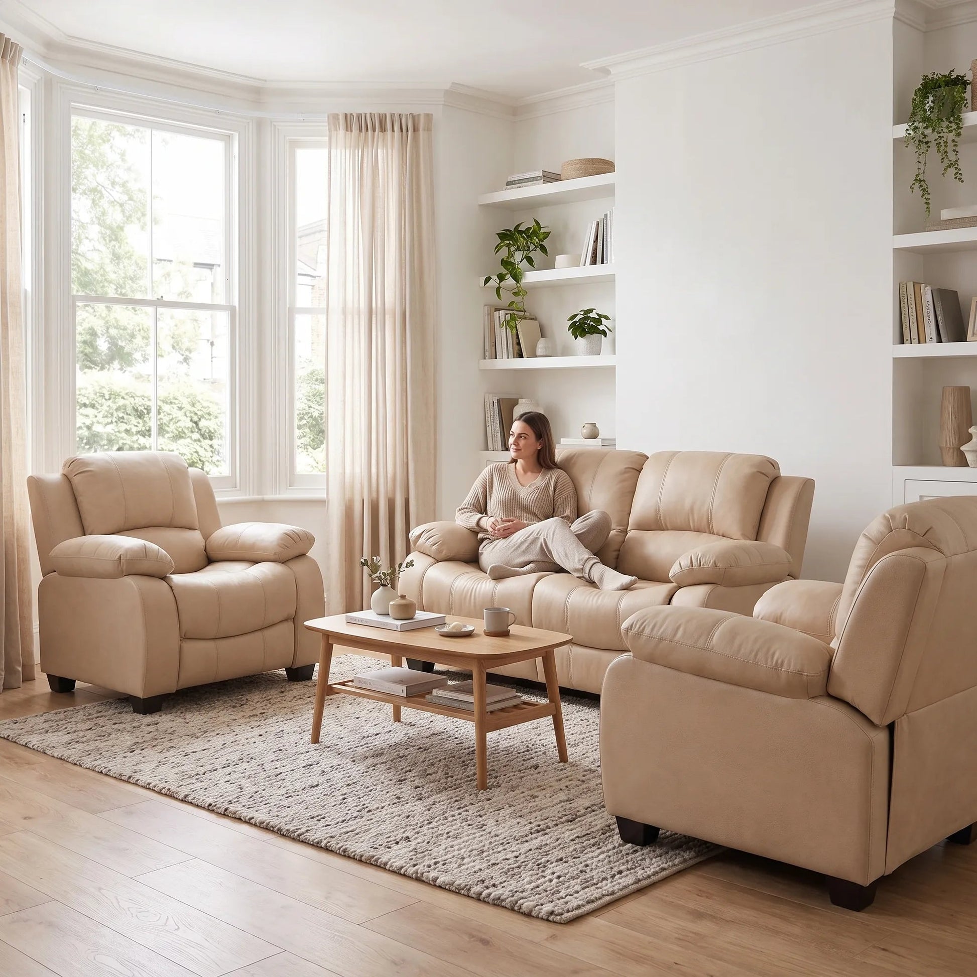 Valerie Cream Leather Modern 2+1+1 Seater Sofa Set - Furniture Instore