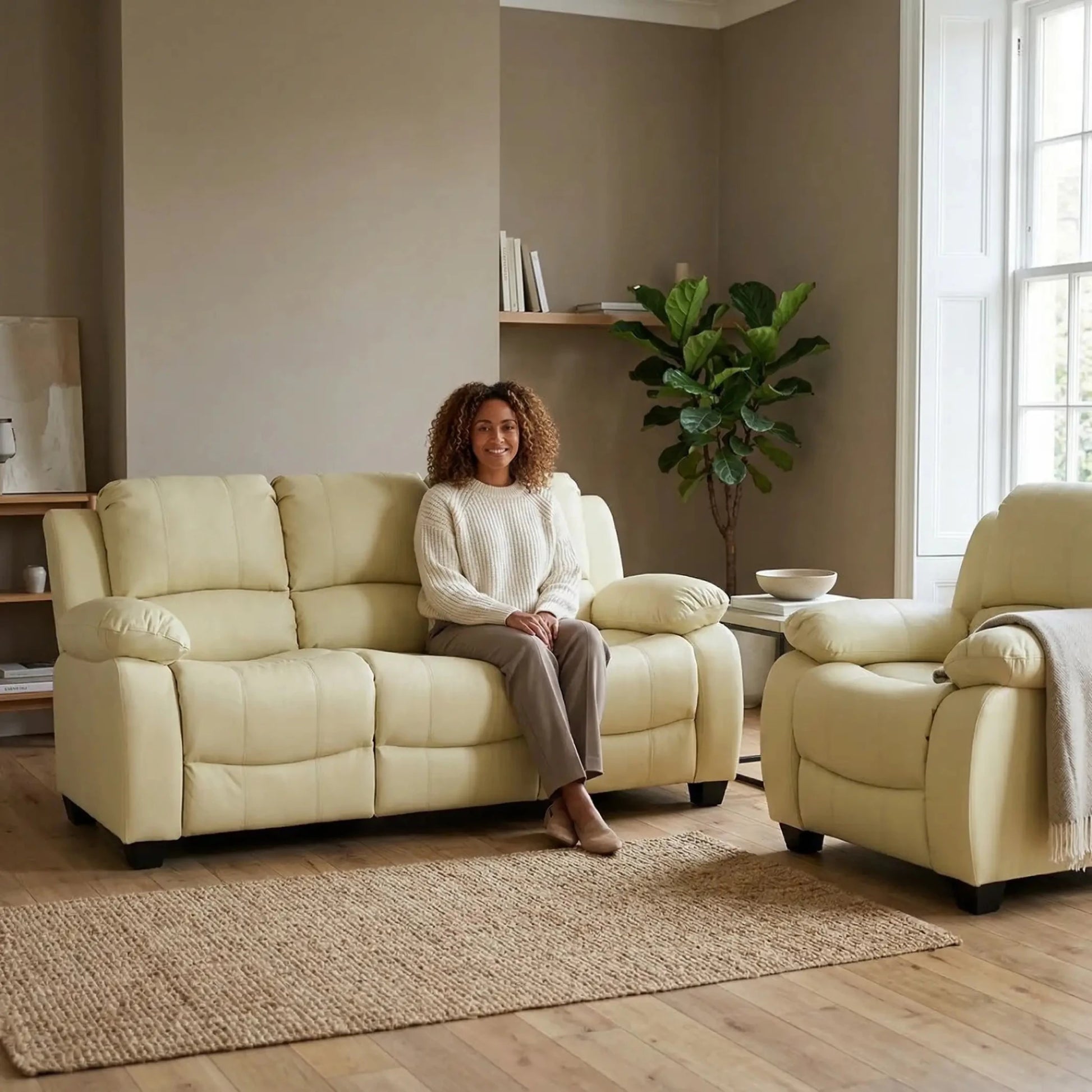 Valerie Cream Leather Modern 3+1 Seater Sofa Set - Furniture Instore