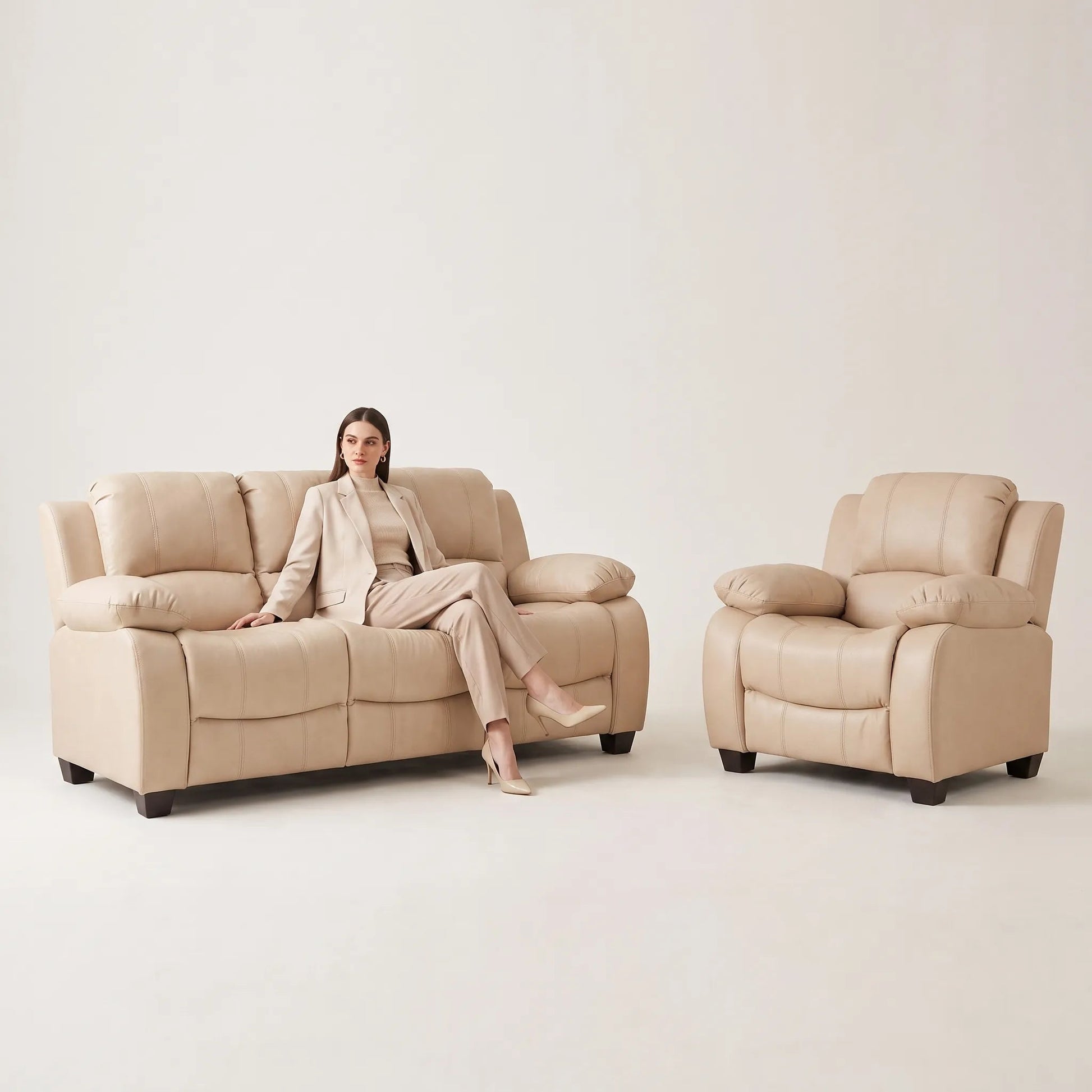 Valerie Cream Leather Modern 3+1 Seater Sofa Set - Furniture Instore