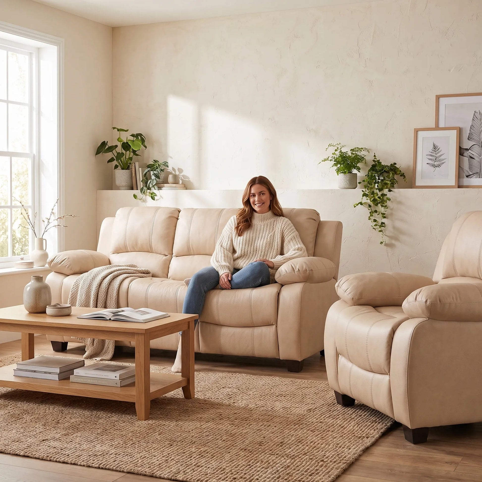 Valerie Cream Leather Modern 3+1 Seater Sofa Set - Furniture Instore