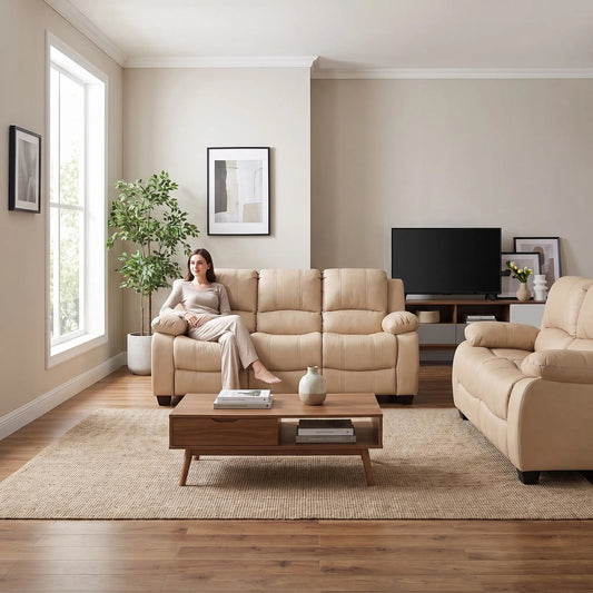Valerie Cream Leather Modern 3+2 Seater Sofa Set - Furniture Instore