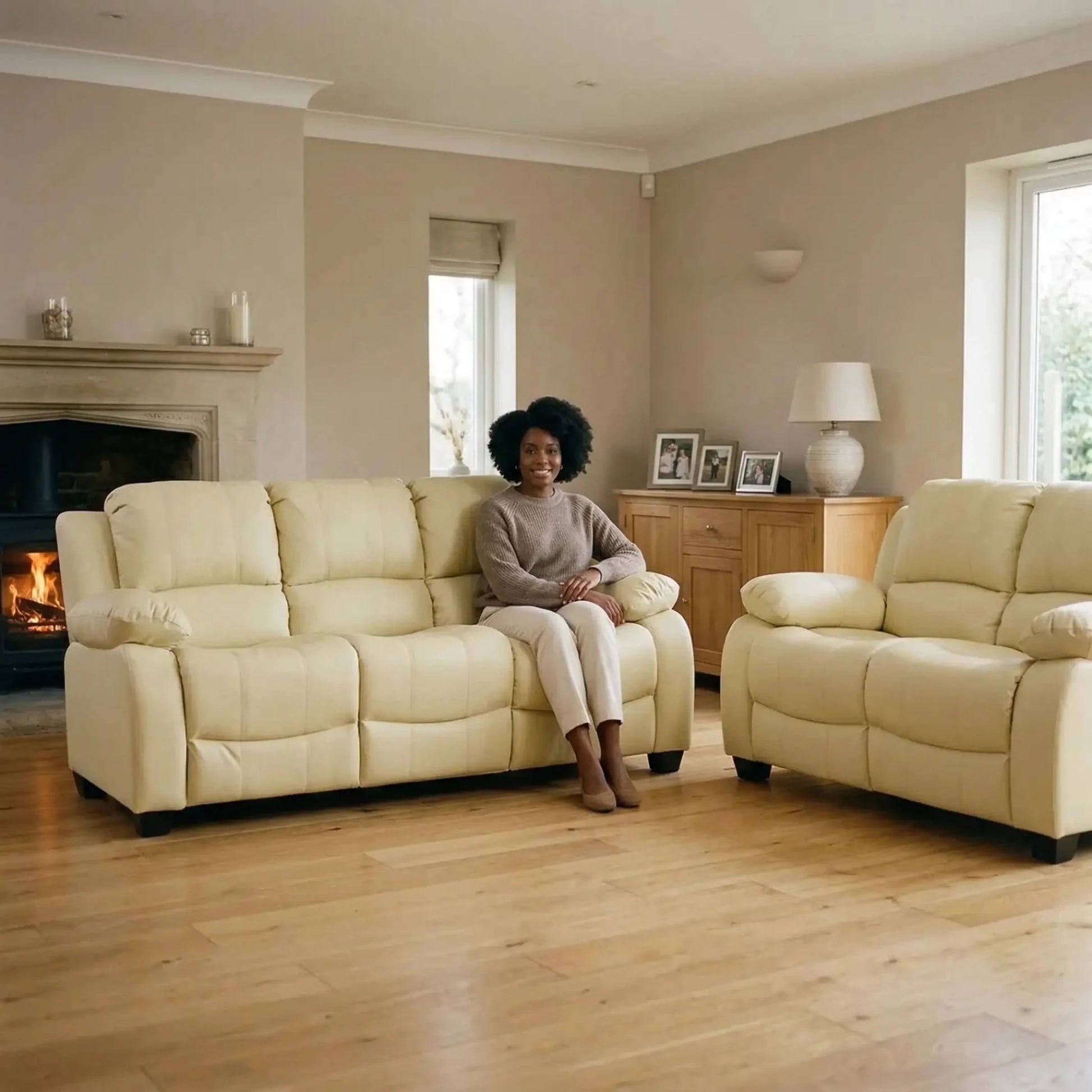 Valerie Cream Leather Modern 3+2 Seater Sofa Set - Furniture Instore