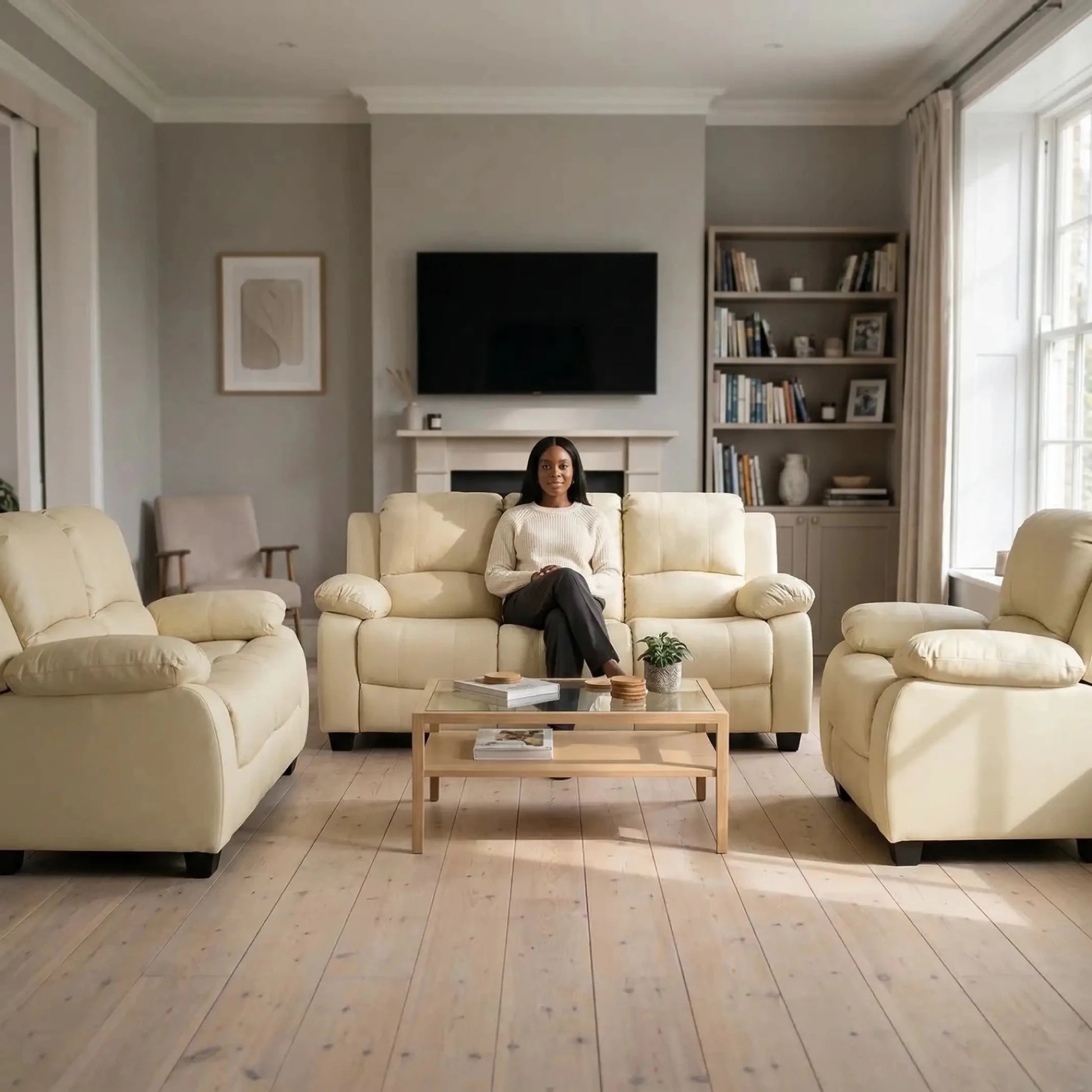 Valerie Cream Leather Modern 3+2+1 Seater Sofa Set - Furniture Instore