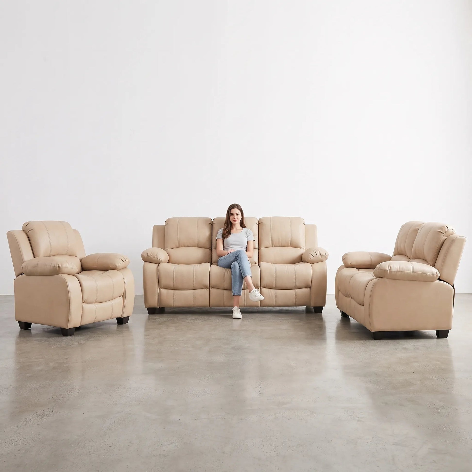Valerie Cream Leather Modern 3+2+1 Seater Sofa Set - Furniture Instore
