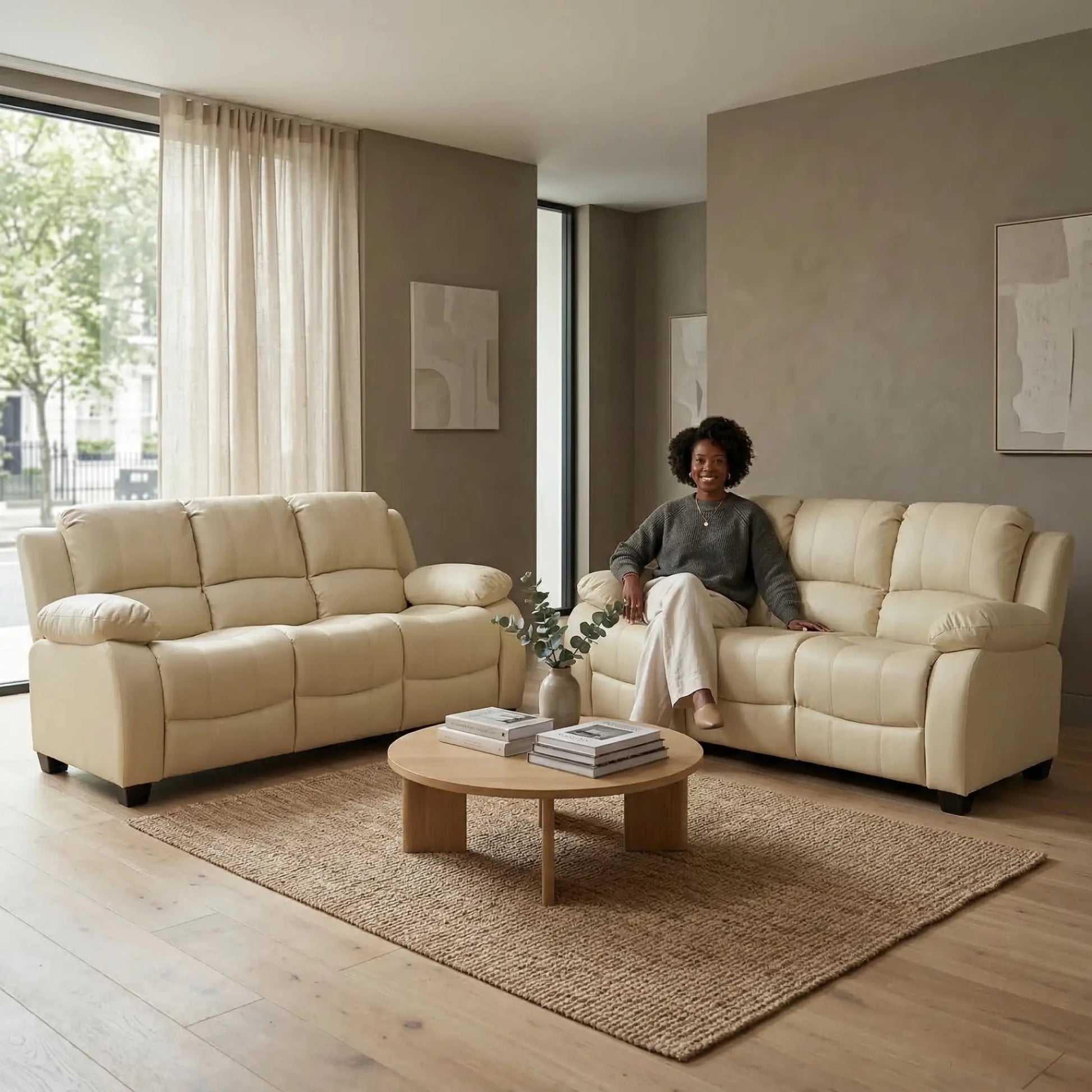 Valerie Cream Leather Modern 3+3 Seater Sofa Set - Furniture Instore