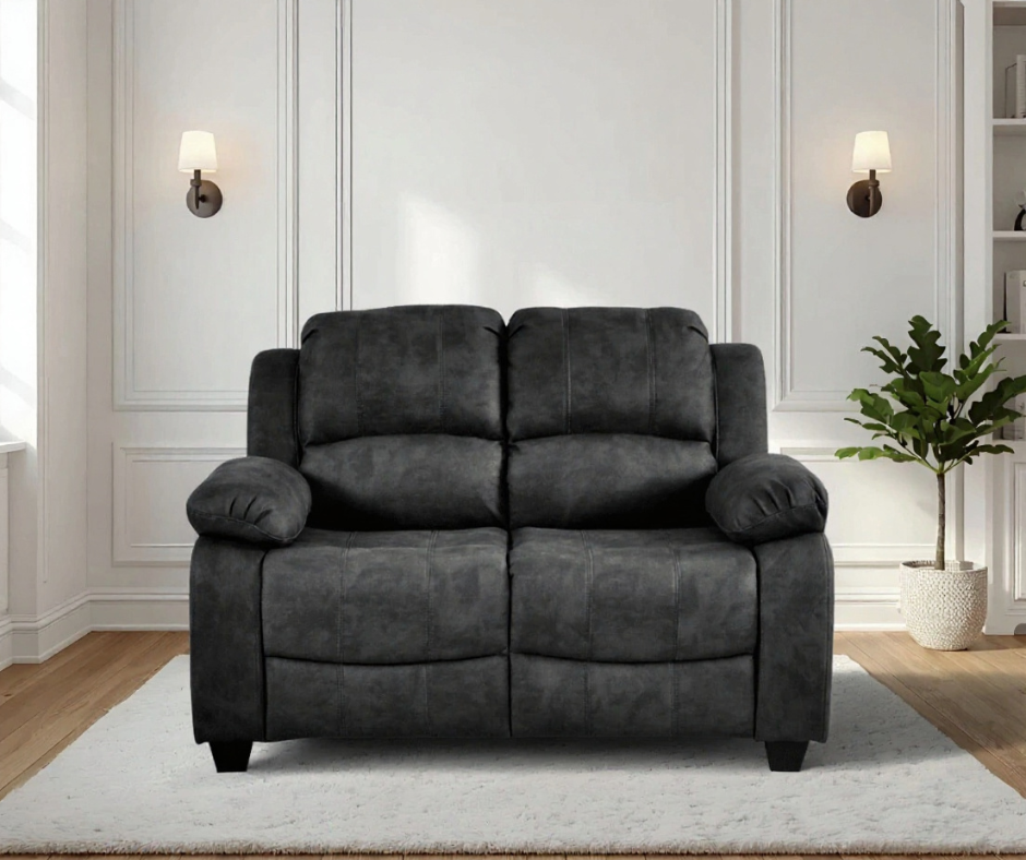 Stylish dark grey fabric 2 seater sofa in modern living room – contemporary upholstered couch for home interior decor