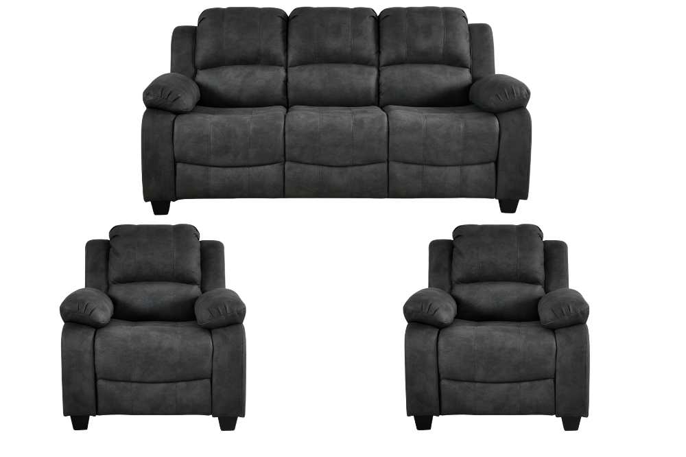 Modern dark grey fabric sofa set – 3+1+1 configuration with three seater and two single seater armchairs on white background, contemporary upholstered living room furniture