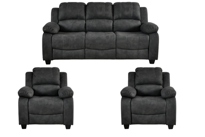 Modern dark grey fabric sofa set – 3+1+1 configuration with three seater and two single seater armchairs on white background, contemporary upholstered living room furniture