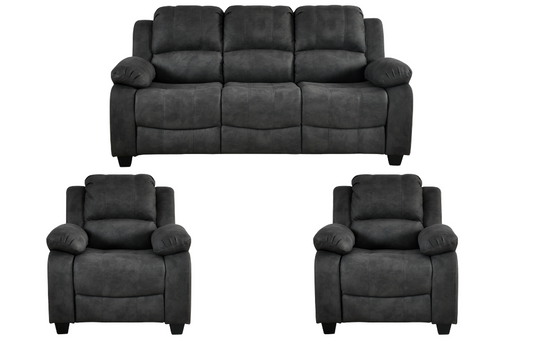 Modern dark grey fabric sofa set – 3+1+1 configuration with three seater and two single seater armchairs on white background, contemporary upholstered living room furniture