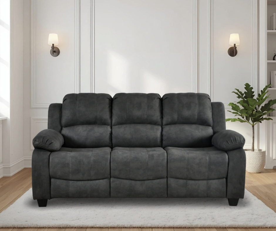 Stylish dark grey fabric 3 seater sofa in modern living room – contemporary upholstered couch for home interior decor
