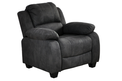 Stylish dark grey fabric armchair – single seater sofa on white background, modern upholstered accent chair for living room or office